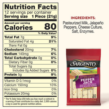 Sargento Natural Pepper Jack Cheese Sticks, 12-Count