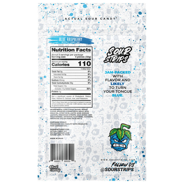 SOUR STRIPS Blue Raspberry Flavored Chewy, Candy Bag, 3.4 oz  DestGlow