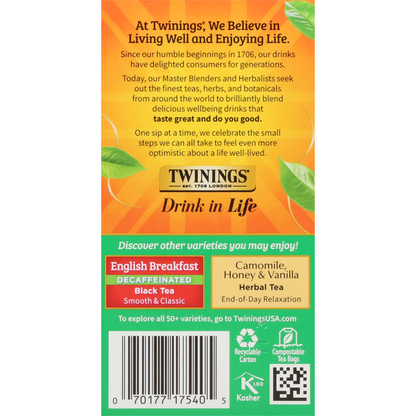 Twinings Black Tea, Pure, Irish Breakfast, Decaffeinated, Tea Bags