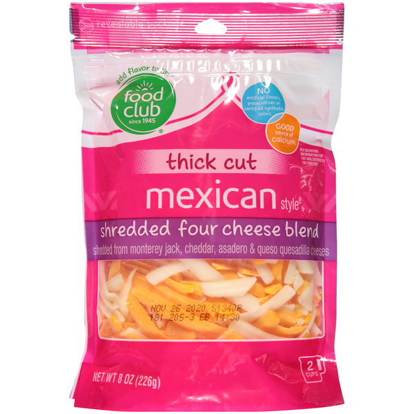 Food Club Four Cheese Mexican Blend Shredded From Monterey Jack, Cheddar, Asadero &amp; Queso Quesadilla Cheeses  DestGlow