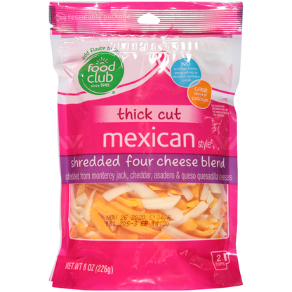 Food Club Four Cheese Mexican Blend Shredded From Monterey Jack, Cheddar, Asadero &amp; Queso Quesadilla Cheeses