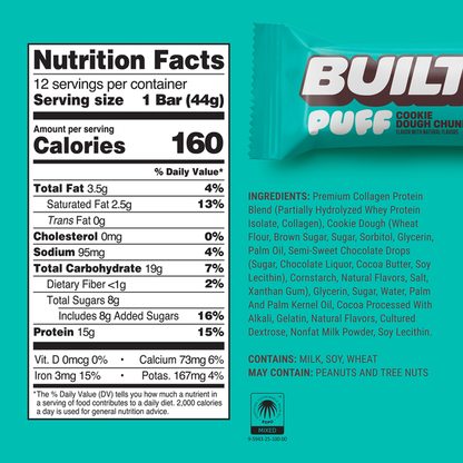 BUILT Puff Protein Bar, Cookie Dough Chunk, Single Puff Bar