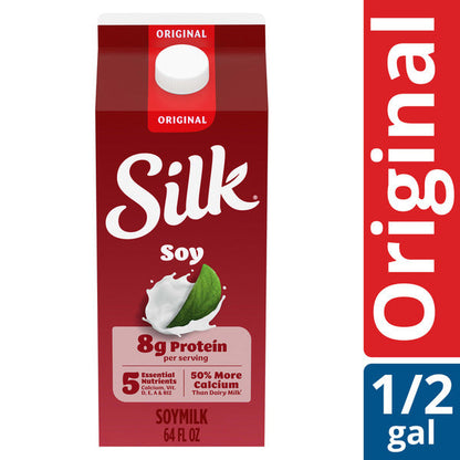 Silk Soy Milk, Original, Dairy Free, Gluten Free, Delicious Vegan Plant Based Milk with 5 Essential Nutrients, 64 fl oz Half Gallon