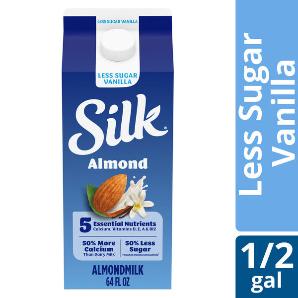 Silk Almond Milk, Less Sugar, Vanilla, Dairy Free, Gluten Free, Seriously Creamy Vegan Plant Based Milk with Great Taste and 5 Essential Nutrients, 64 fl oz Half Gallon  DestGlow