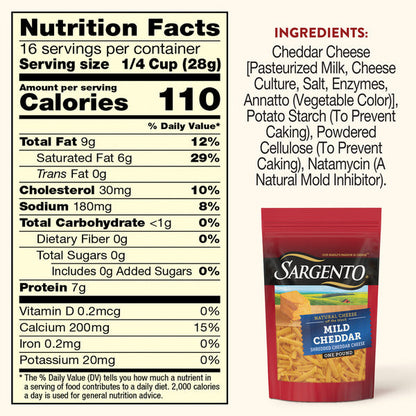Sargento Natural Mild Cheddar Shredded Cheese, Traditional Cut, 16 oz