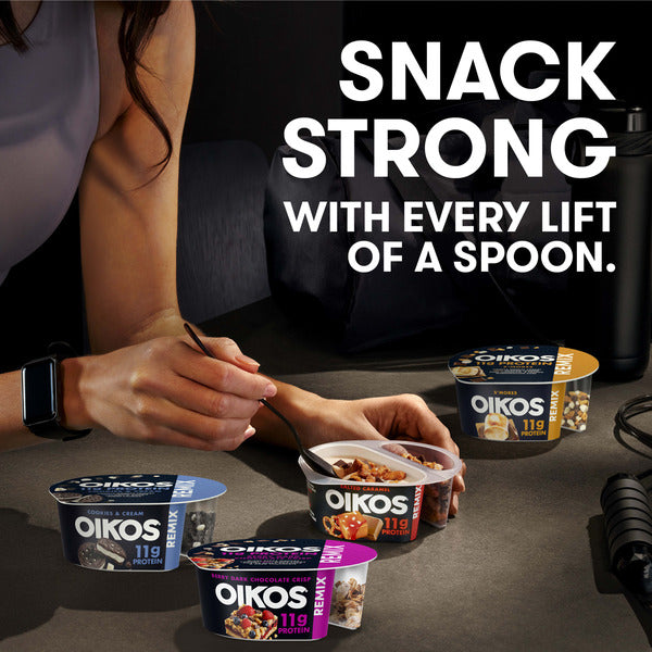 Oikos REMIX Berry Dark Chocolate Crisp 11g Protein Mixed Berry Nonfat Yogurt with Dark Chocolate and White Fudge Berry Granola Mix-Ins, 4.5 oz Cup  DestGlow