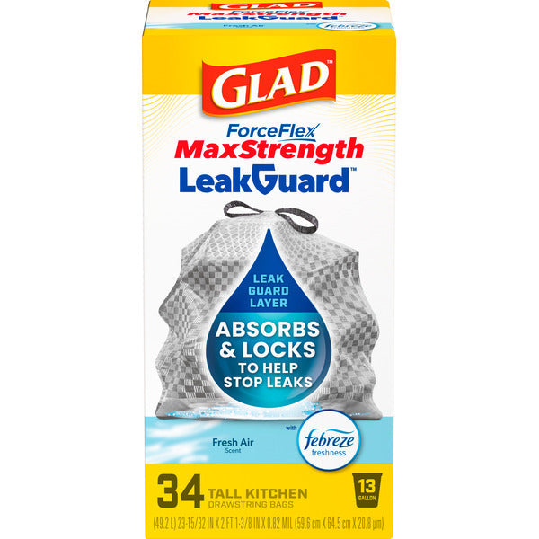 Glad ForceFlex MaxStrength LeakGuard Tall Kitchen Trash Bags, 13 Gallon, Fresh Air  DestGlow