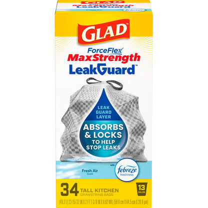 Glad ForceFlex MaxStrength LeakGuard Tall Kitchen Trash Bags, 13 Gallon, Fresh Air