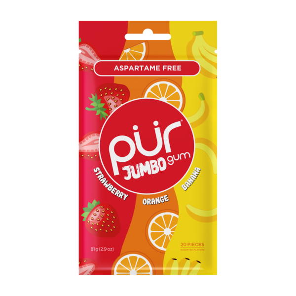 PUR Jumbo Gum Natural Strawberry, Banana, Orange Flavored Gum, 100% Xylitol