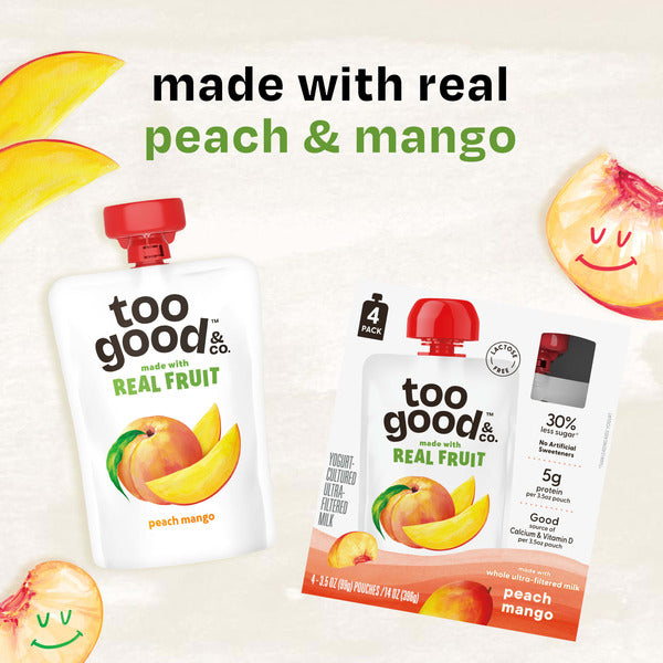 Too Good &amp; Co. Peach Mango Yogurt-Cultured Ultra-Filtered Milk Pouches, Portable Kids Snacks Made with Real Fruit, 3.5 oz, 4 Count  DestGlow