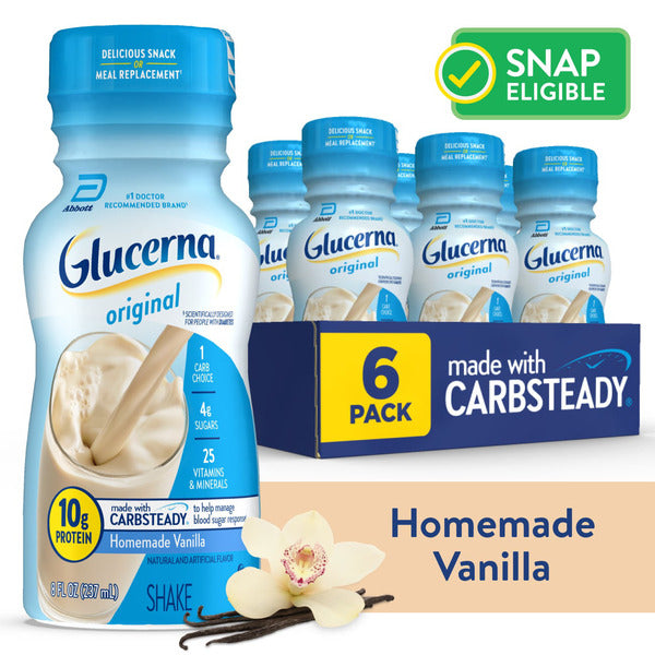Glucerna Original Nutritional Shake, Diabetic Drink to Support Blood Sugar Management, Homemade Vanilla, 8-fl-oz, 6 Count  DestGlow