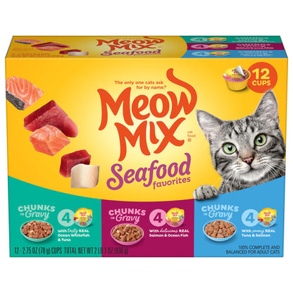 Meow Mix Seafood Favorites Chunks in Gravy Variety Pack Cat Food, 12 Cups  DestGlow