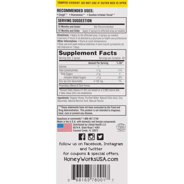 HoneyWorks Soothing Throat Spray, Organic, Honey, Kids  DestGlow