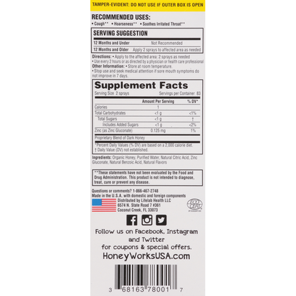 HoneyWorks Soothing Throat Spray, Organic, Honey, Kids