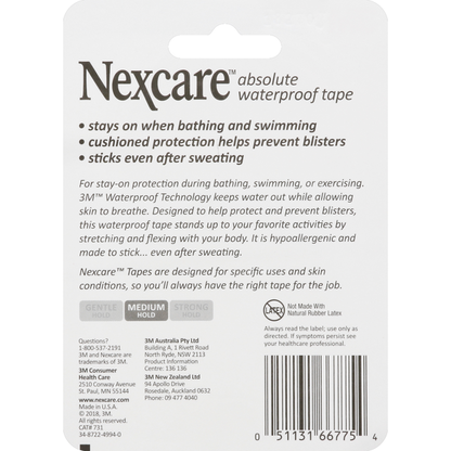 Nexcare Hospital Tape, Cushions, Absolute Waterproof, 1 Inch