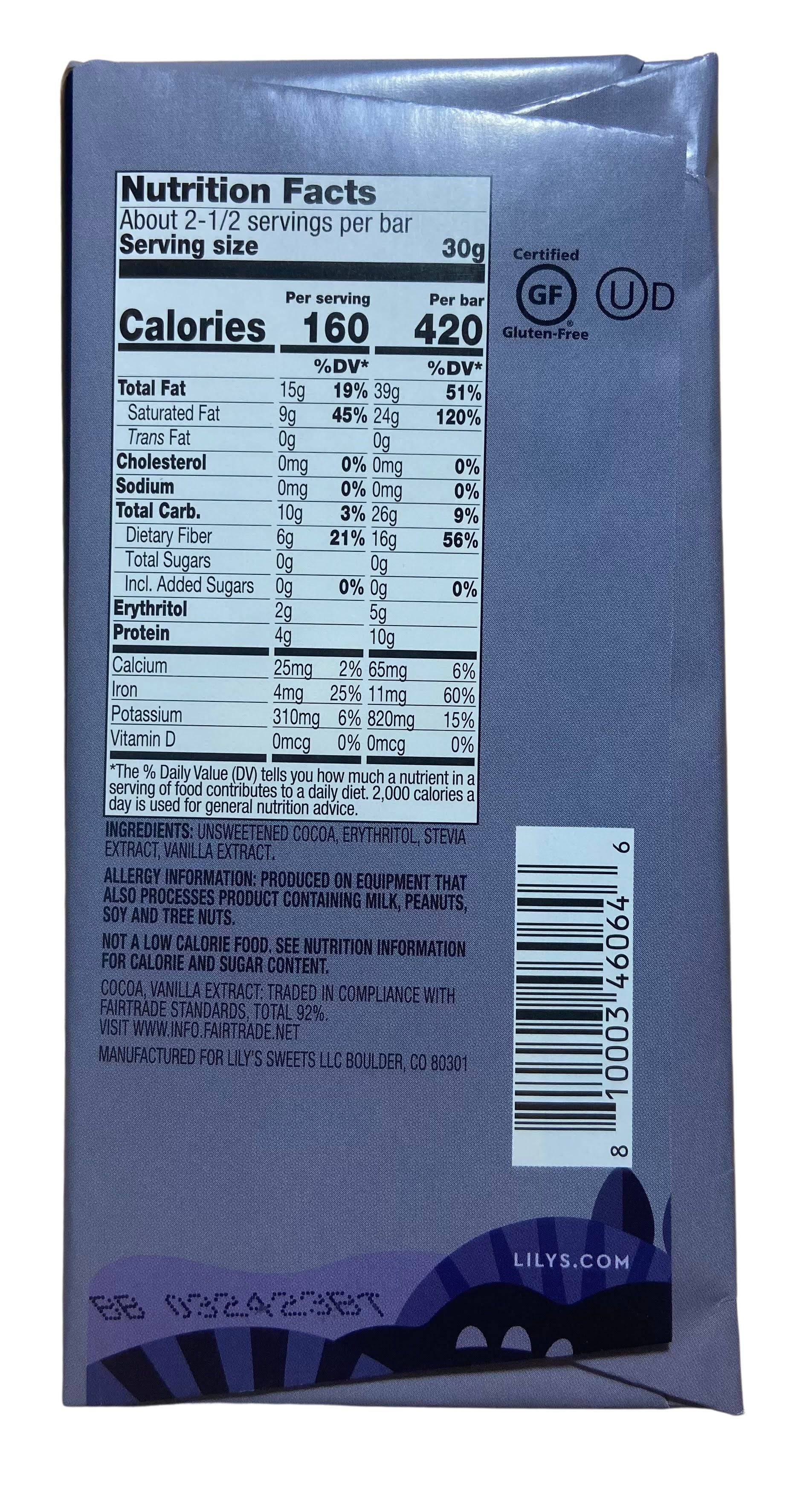 Chocolate Bars, Dark, Stevia Sweetened, Lily&