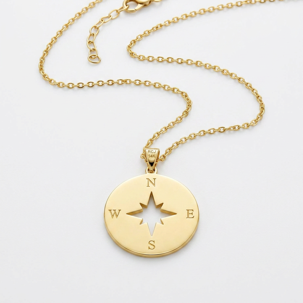 14K Yellow Gold Necklace with Compass  DestGlow