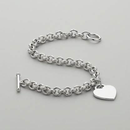 Sterling Silver Rhodium Plated Rolo Style Heart Charmed Chain Bracelet