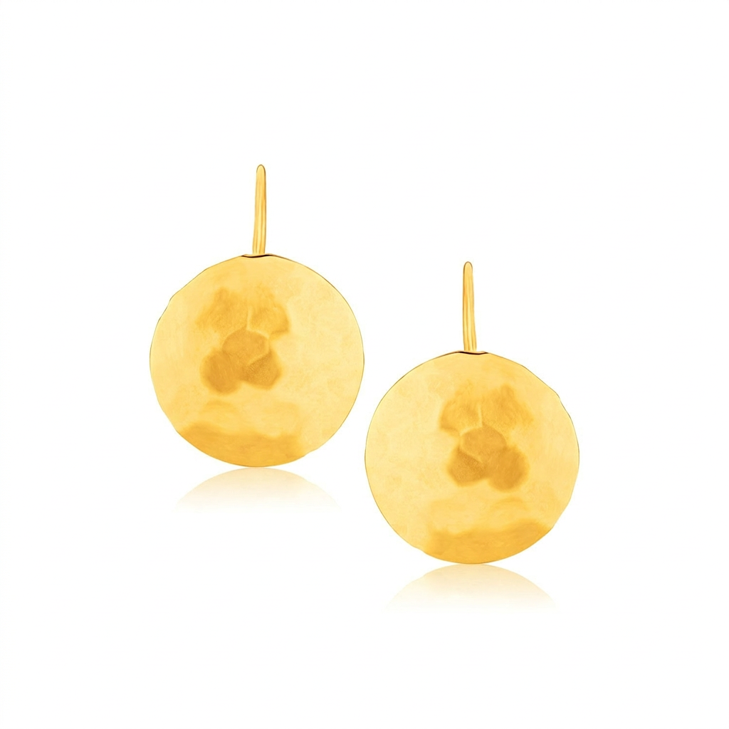 14k Yellow Gold Hammered Texture Disc Drop Earrings Medium  DestGlow