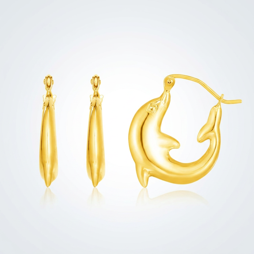 14 k Yellow Gold Dolphin Hoop Earrings  DestGlow