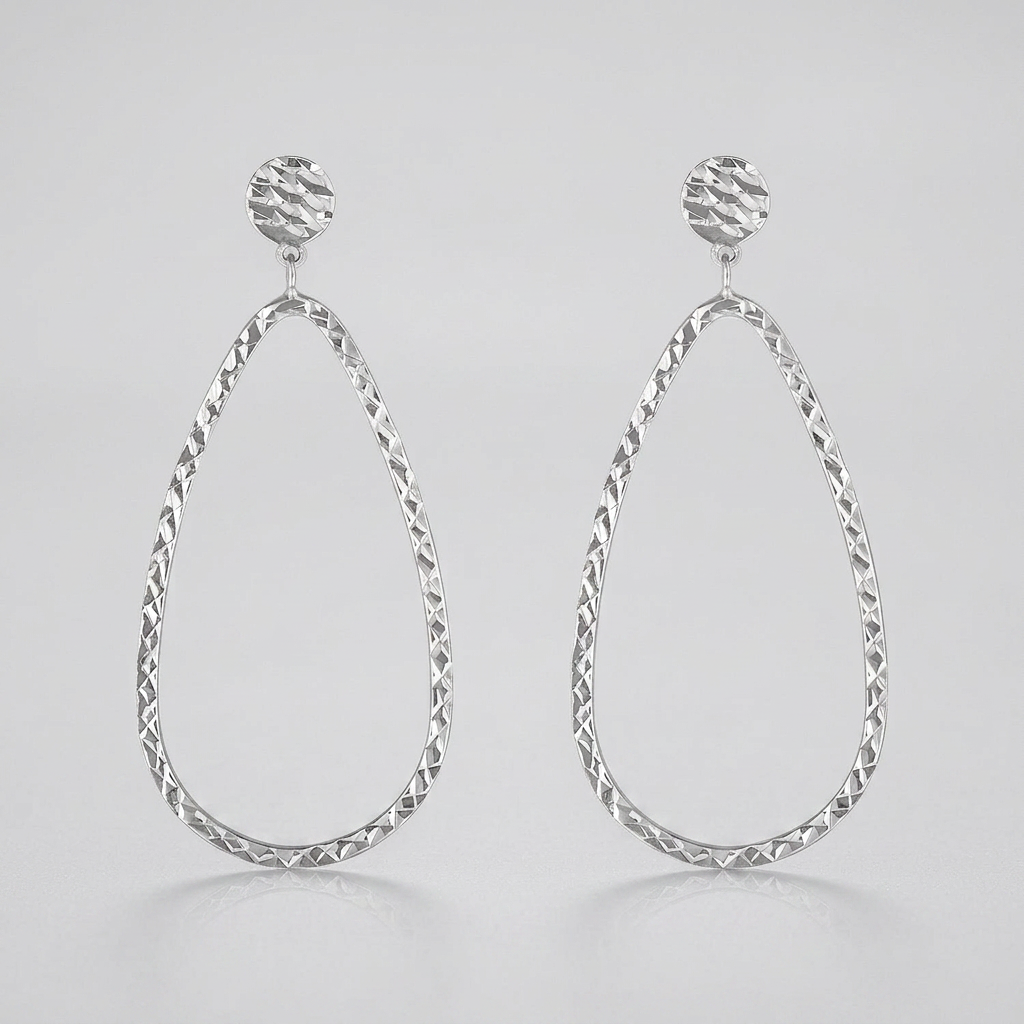 14k White Gold Textured Teardrop Motif Post Earrings  DestGlow