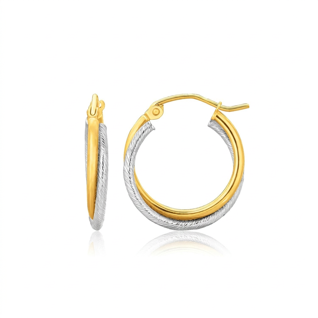 14k Two Tone Gold Double Polished and Textured Hoop Earrings  DestGlow