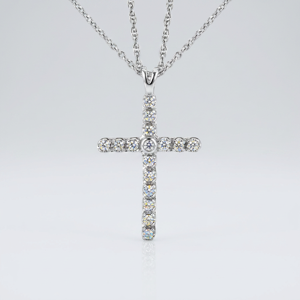 Cross Pendant with Diamonds in Sterling Silver  DestGlow