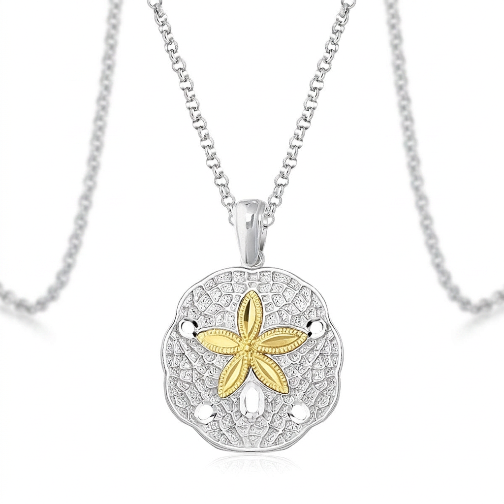 Designer Sterling Silver and 14k Yellow Gold Sand Dollar Pendant  DestGlow
