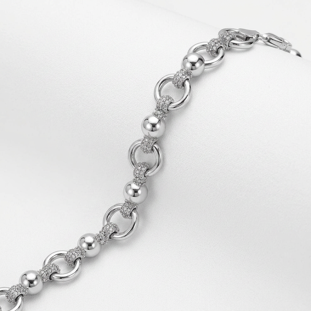 Sterling Silver Multi Strand Bead Chain Bracelet with Rings and Rhodium Plating  DestGlow