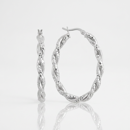 Sterling Silver Oval Hoop Braided Diamond Cut Earrings