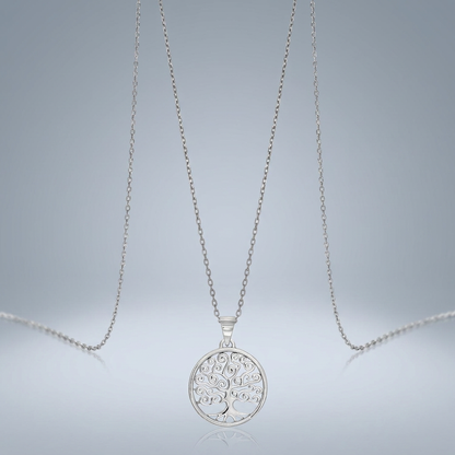 Sterling Silver Round Spiral Motif Tree of Life Necklace