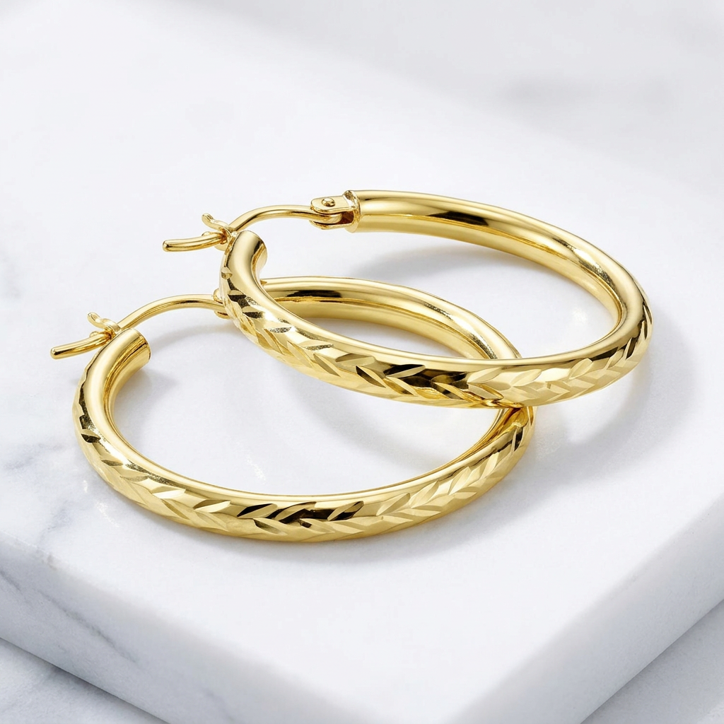 14k Yellow Gold Diamond Cut Hoop Earrings (20mm)  DestGlow