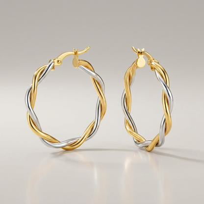 Two-Tone Twisted Wire Round Hoop Earrings in 10k Yellow and White Gold