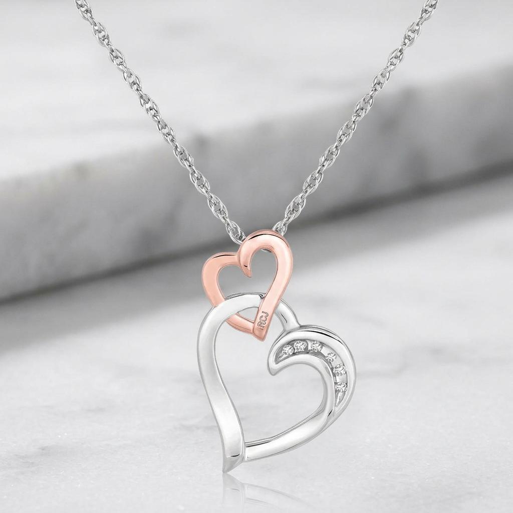Sterling Silver Cascading Dual Heart Diamond Accented Pendant (.02 cttw)  DestGlow