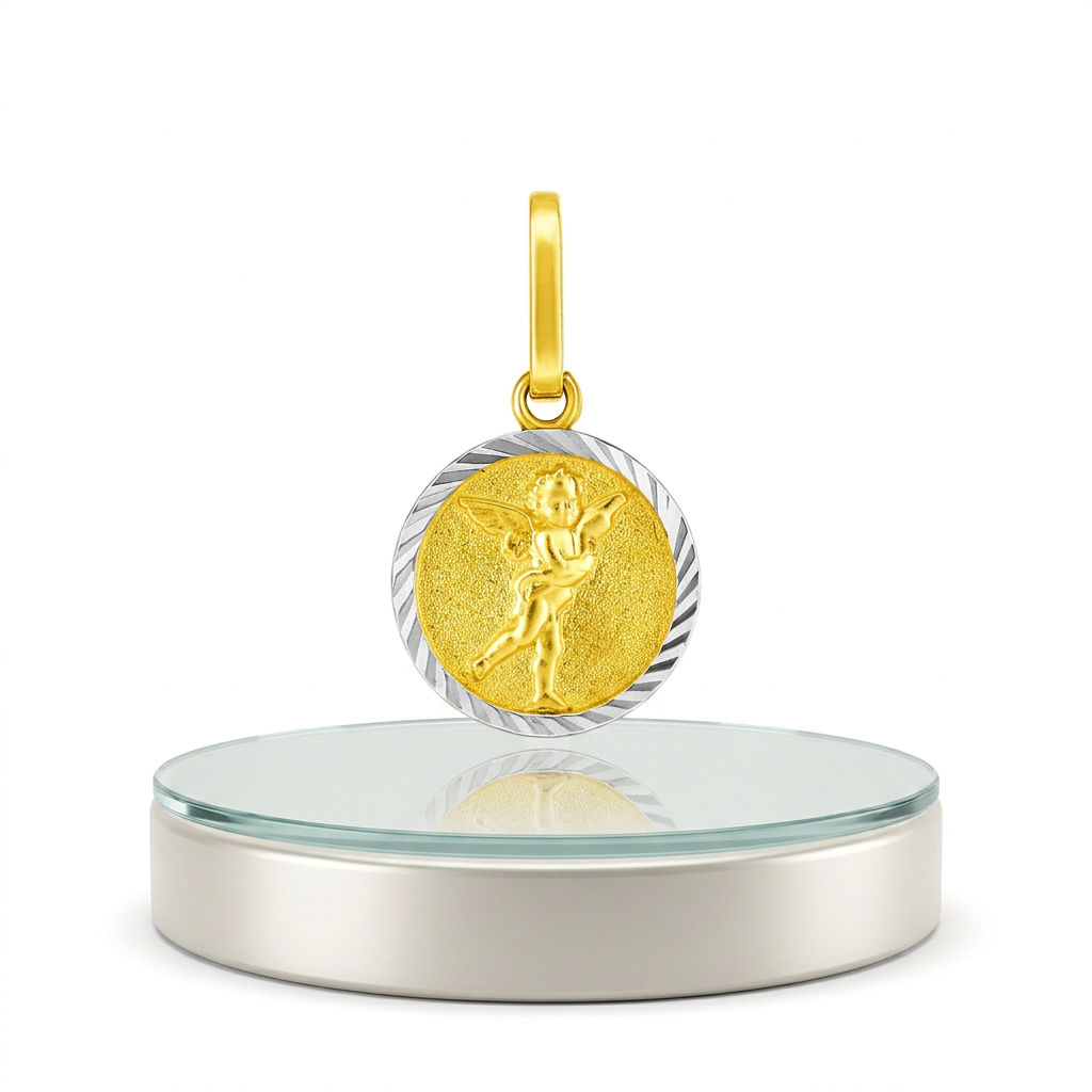 14k Two Tone Gold Small Round Textured Religious Medal Pendant  DestGlow