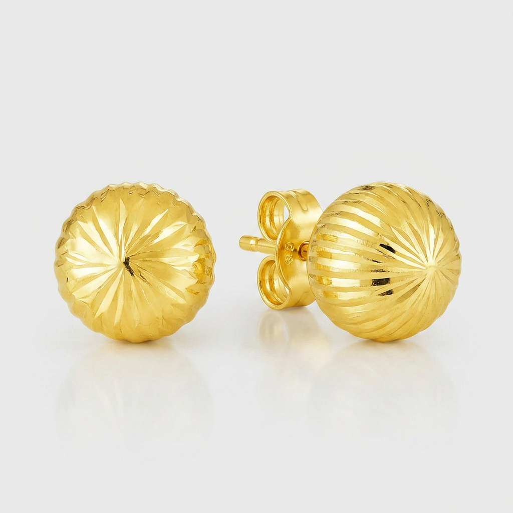 14K Yellow Gold Ball Earrings with Linear Texture  DestGlow