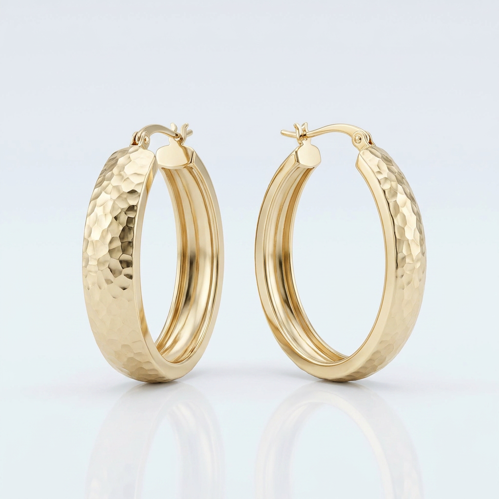 10k Yellow Gold Hammered Oval Hoop Earrings