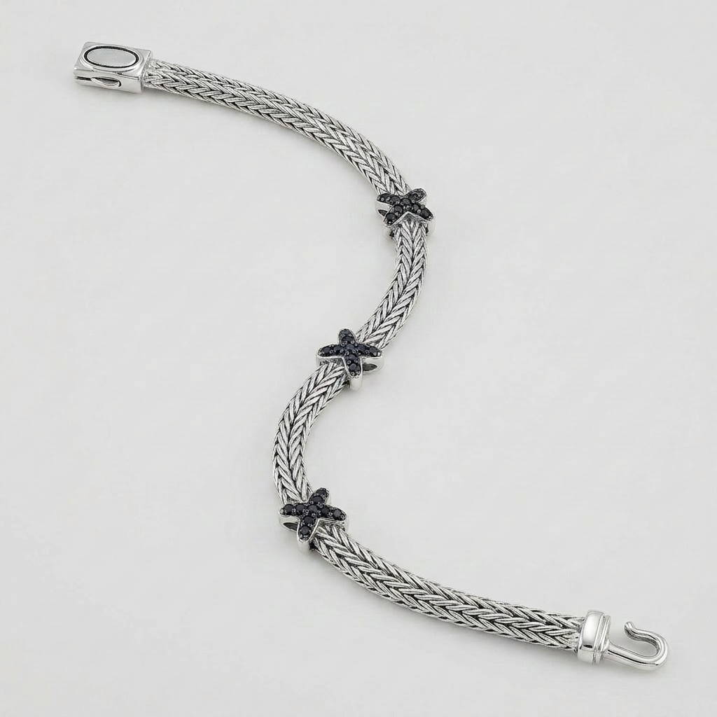 Woven Rope Bracelet with Black Sapphire X Accents in Sterling Silver