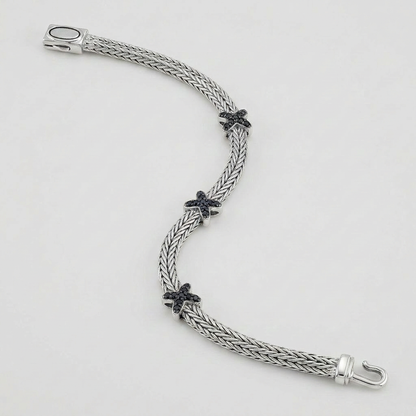 Woven Rope Bracelet with Black Sapphire X Accents in Sterling Silver