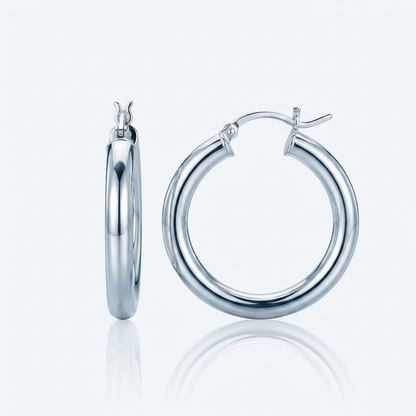 Sterling Silver Rhodium Plated Thick Style Polished Hoop Earrings (25mm)