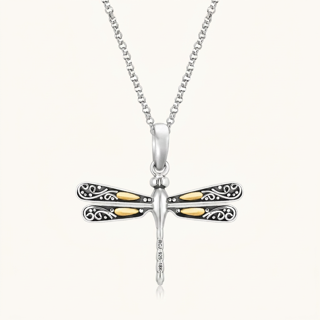 18k Yellow Gold and Sterling Silver Pendant in a Dragonfly Design  DestGlow