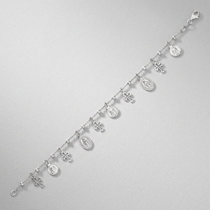 Sterling Silver 7 1/4 inch Bracelet with Crosses and Religious Medal Charms