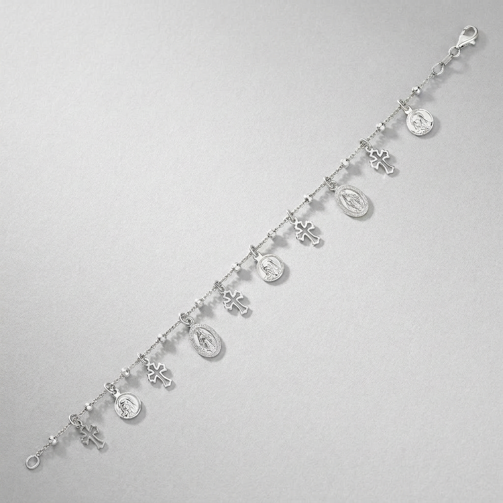 Sterling Silver 7 1/4 inch Bracelet with Crosses and Religious Medal Charms