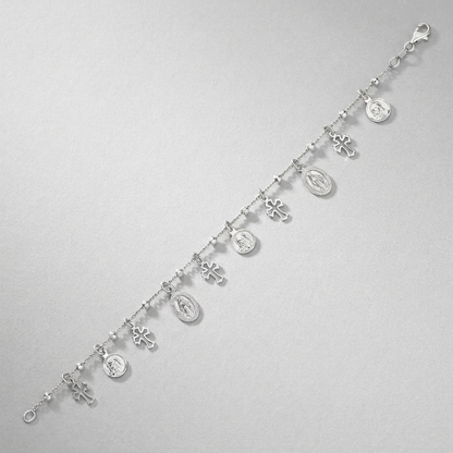 Sterling Silver 7 1/4 inch Bracelet with Crosses and Religious Medal Charms