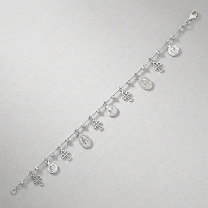 Sterling Silver 7 1/4 inch Bracelet with Crosses and Religious Medal Charms