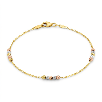 14k Tri Color Gold Anklet with Textured Beads