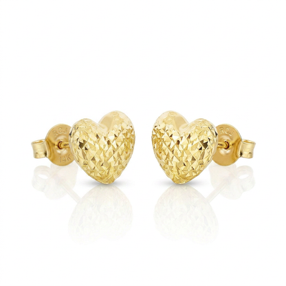 14k Yellow Gold Puffed Heart Earrings with Diamond Cuts