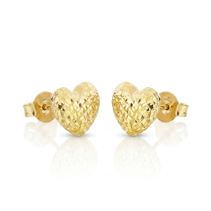 14k Yellow Gold Puffed Heart Earrings with Diamond Cuts