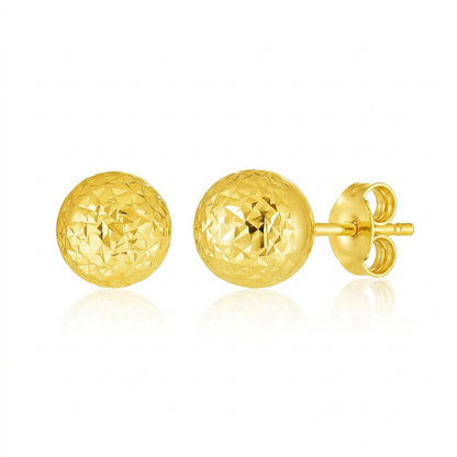 14k Yellow Gold Ball Earrings with Crystal Cut Texture
