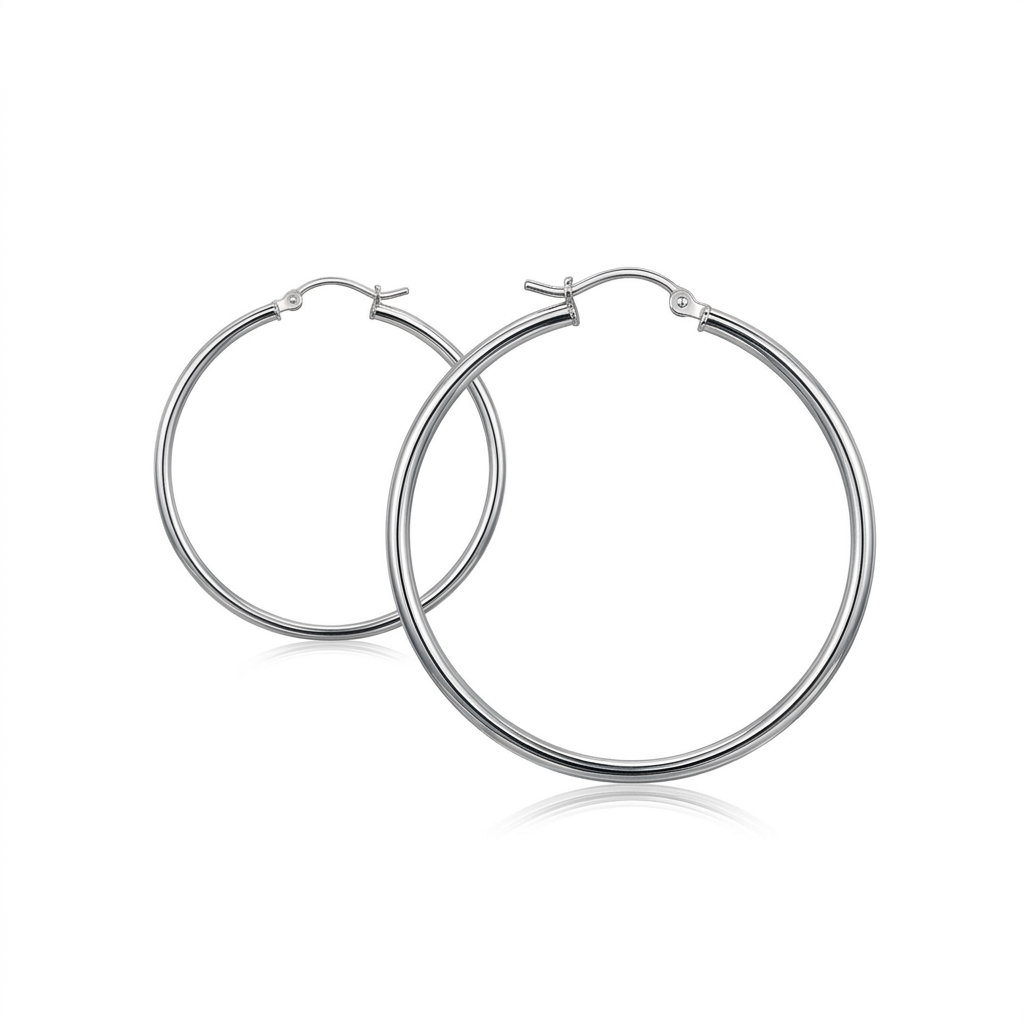 Sterling Silver Rhodium Plated Thin Large Polished Hoop Earrings (40mm)  DestGlow